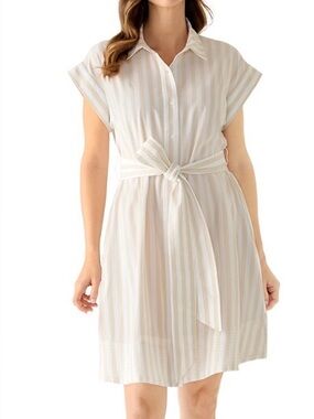 crown & ivy Cream and White Striped Tie-Waist Mini Dress